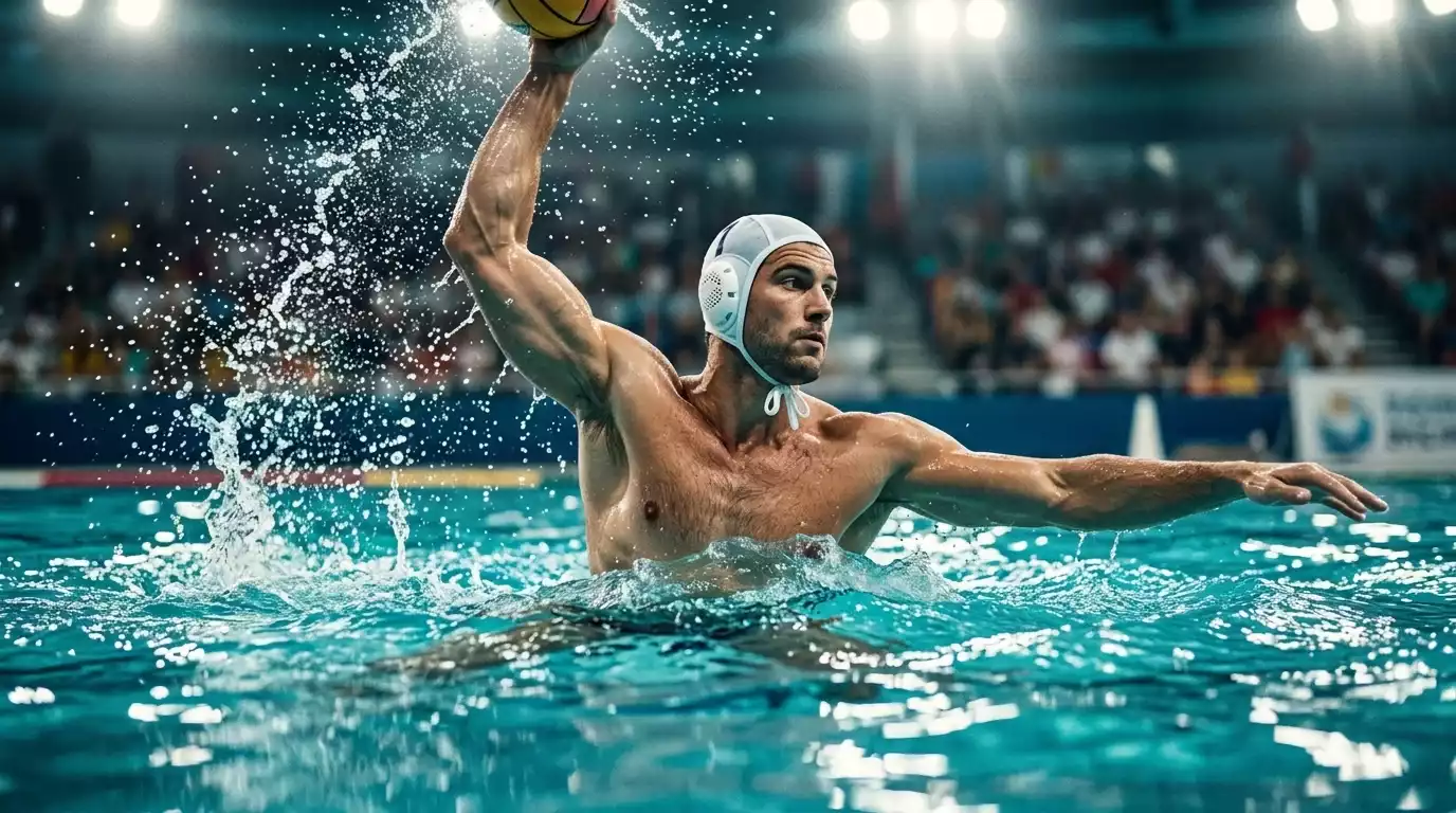 Azione di gioco nella pallanuoto professionistica con giocatori in acqua durante una partita di Serie A1
