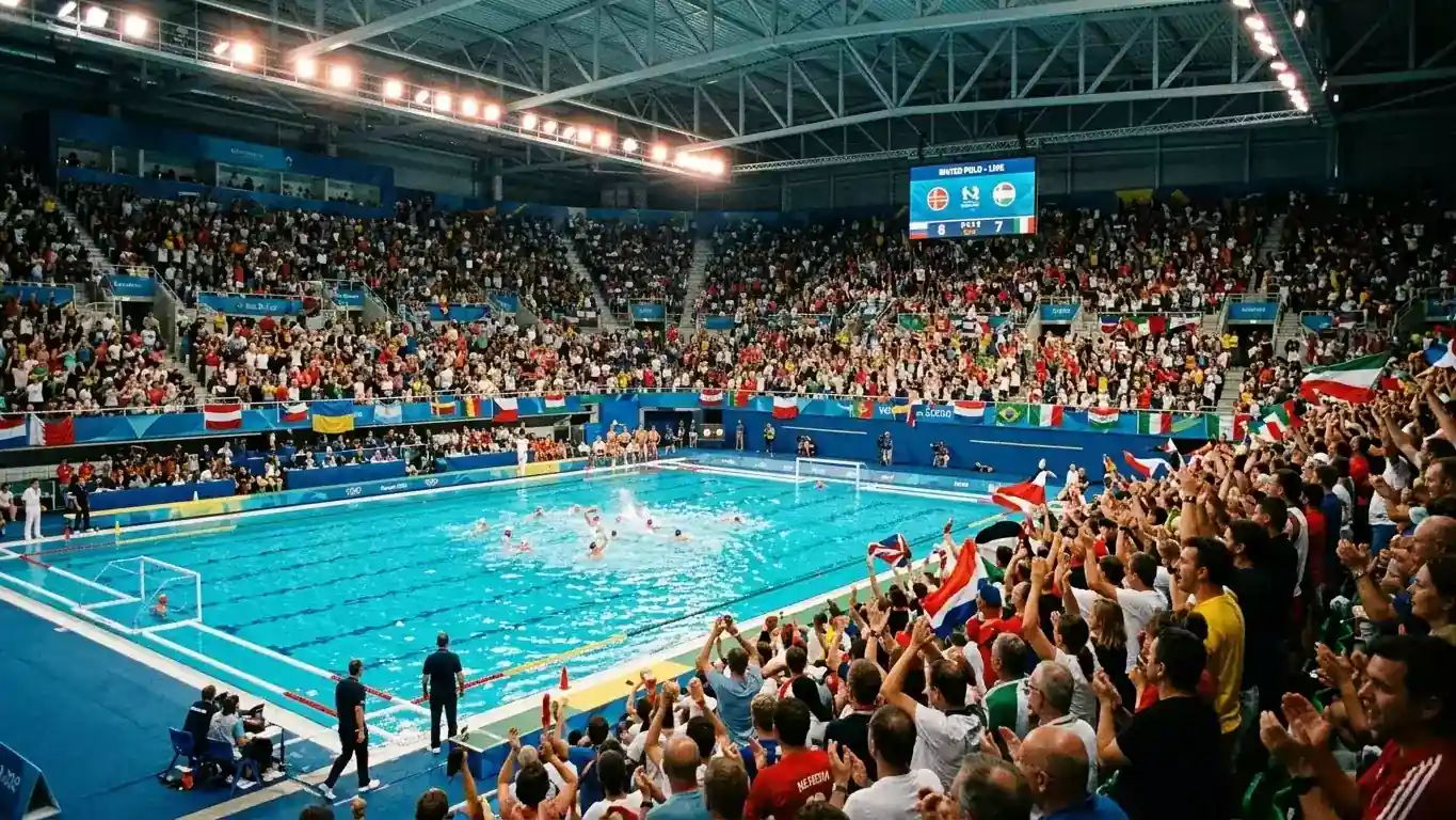 Pubblico sugli spalti durante una partita di pallanuoto alle Olimpiadi con piscina e giocatori visibili