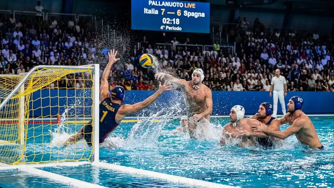 Partita di pallanuoto in corso in una piscina olimpionica con giocatori in azione e tabellone segnapunti