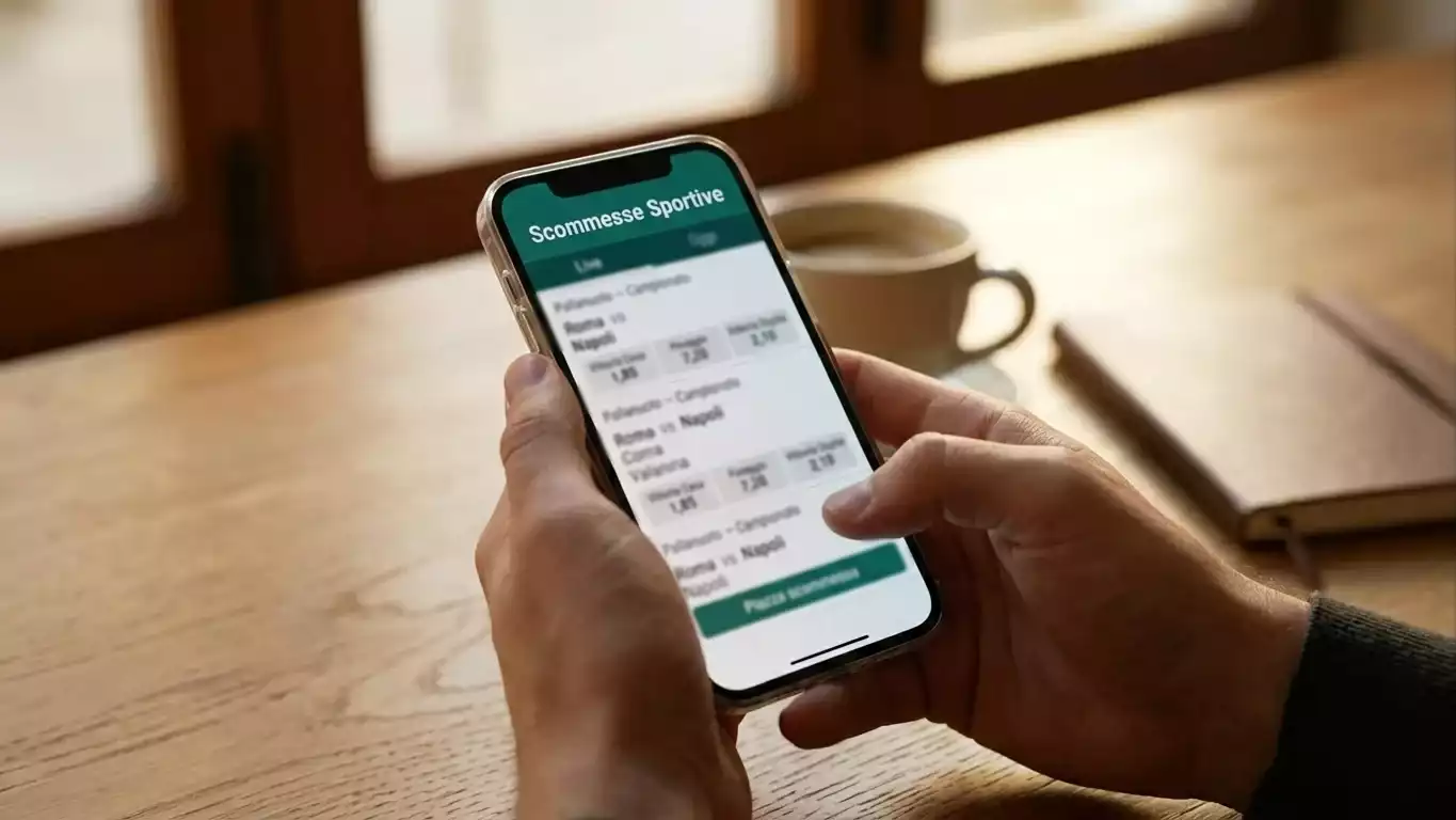 Persona che consulta le quote di pallanuoto su uno smartphone con schermata di un palinsesto sportivo